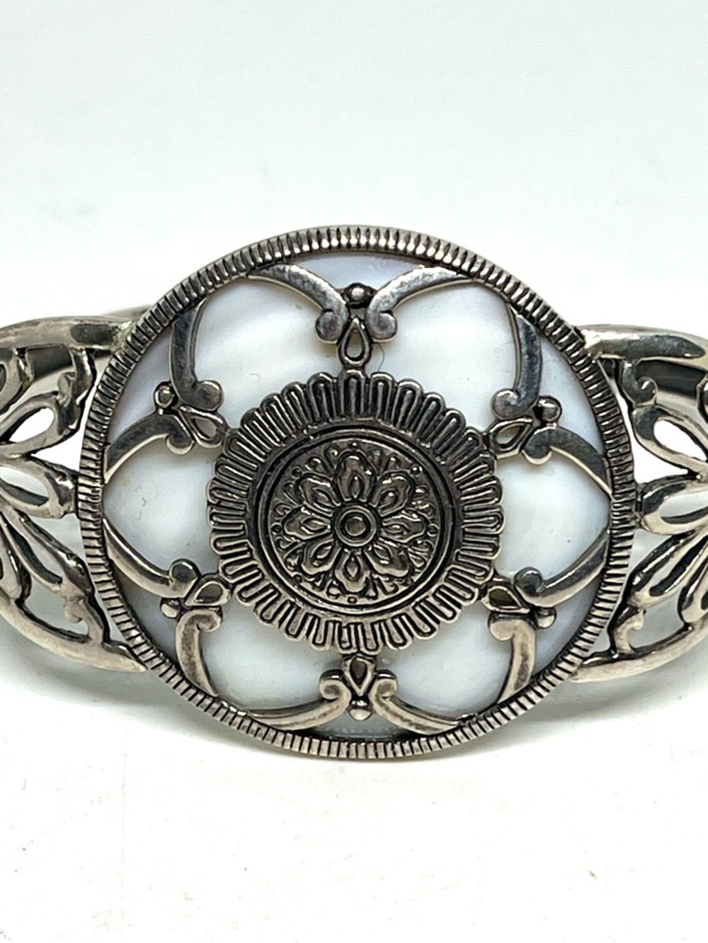 Silver Floral MOP Filigree Cuff Bracelet - Picture 2 of 4